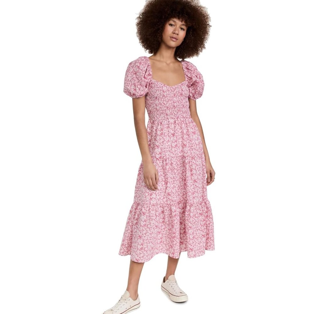 Anthropologie Moon River Smocked Midi Dress Pink Floral Tiered Size XS